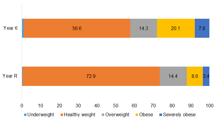 Weight classifications among Year R and Year 6 pupils, 2023/24