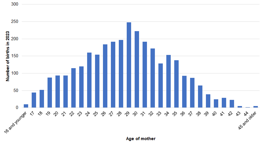 Age of mother among births to Hull mothers during 2023 from local births dataset