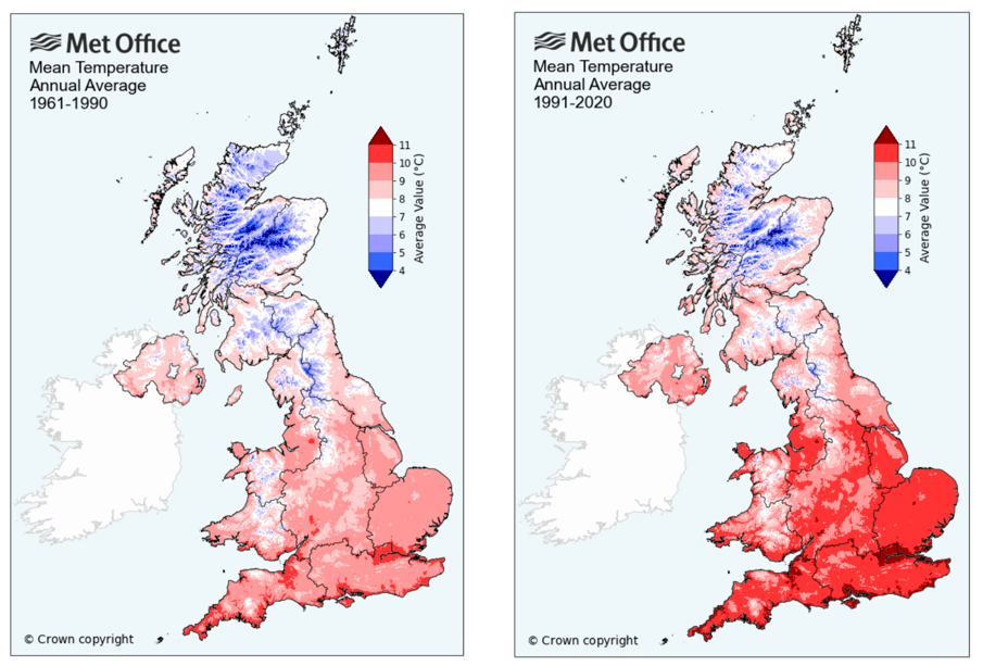 The average annual temperature in the UK over the period 1961 to 1990 compared to the period 1991 to 2020 (° Celsius) from the Met Office