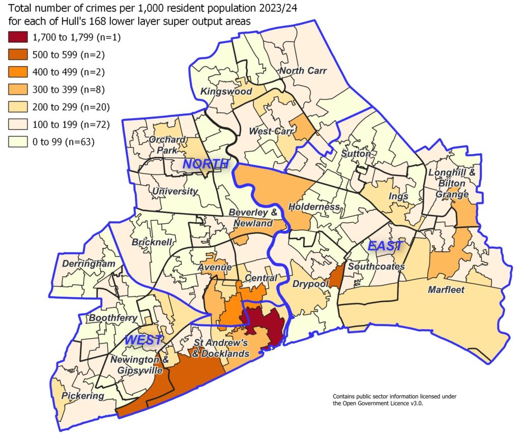 Total number of crimes per 1,000 resident population in 2023-24 for each of Hull's 168 lower layer super output areas