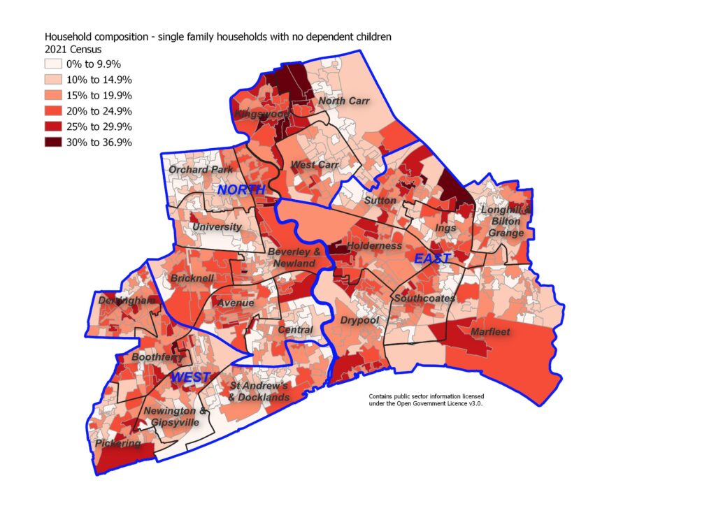 Percentage of single family households without children across Hull's 881 Output Areas, 2021 Census