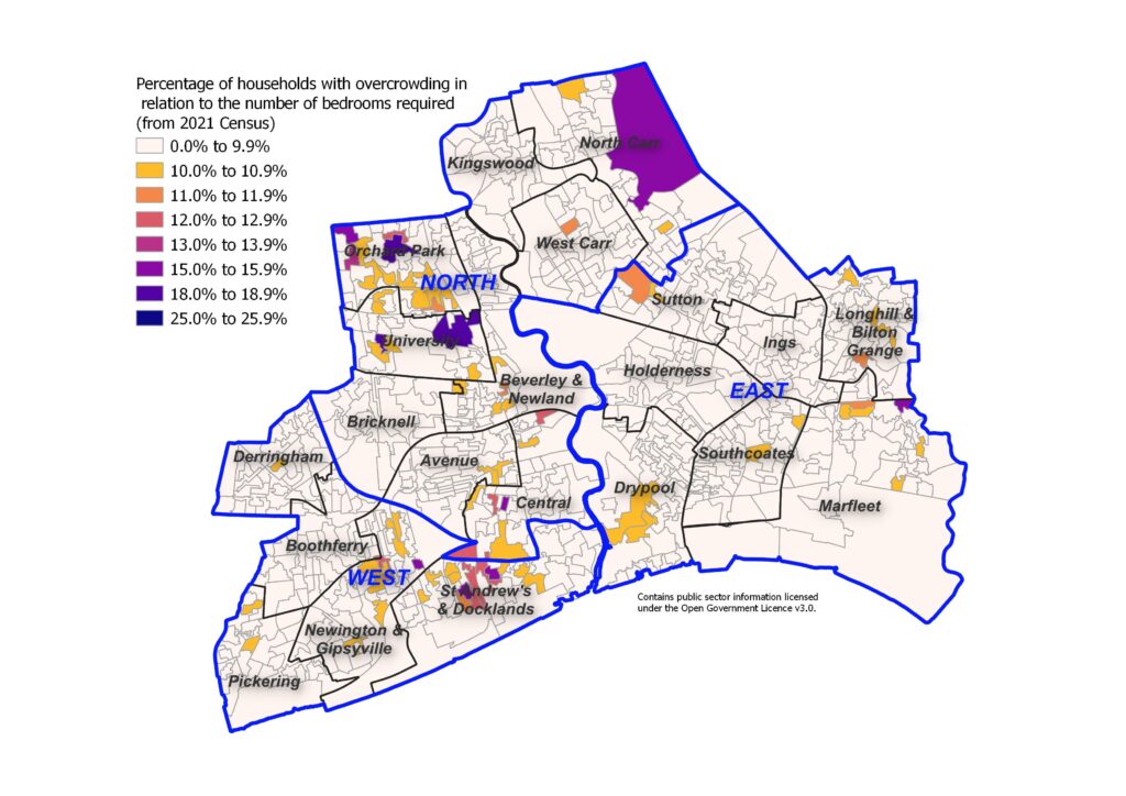 Percentage of households with fewer bedrooms than it requires based on gender, age and relationship of household occupants across Hull's 881 output areas, 2021 Census