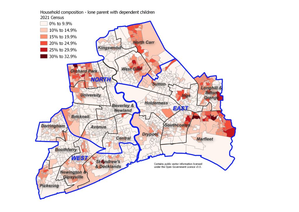 Percentage of lone parent households with dependent children across Hull's 881 Output Areas, 2021 Census