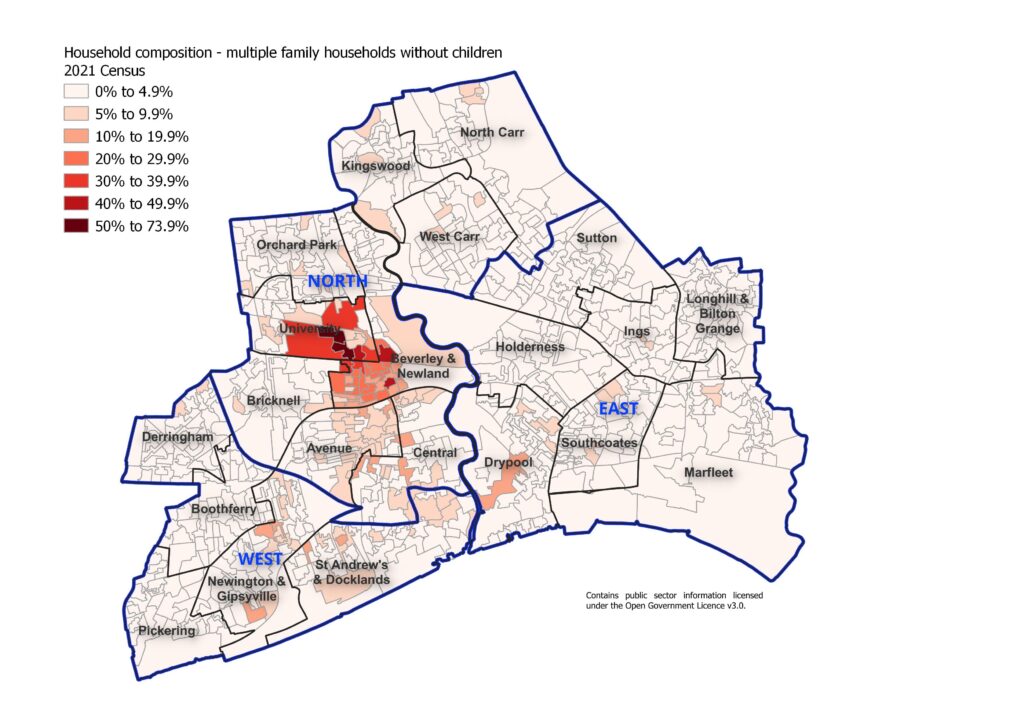 Percentage of multiple family households without children across Hull's 881 Output Areas, 2021 Census