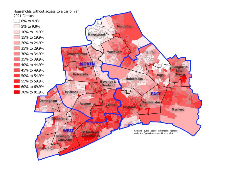 Percentage of households in Hull with no access to a car or van across Hull's 881 Output Areas, 2021 Census