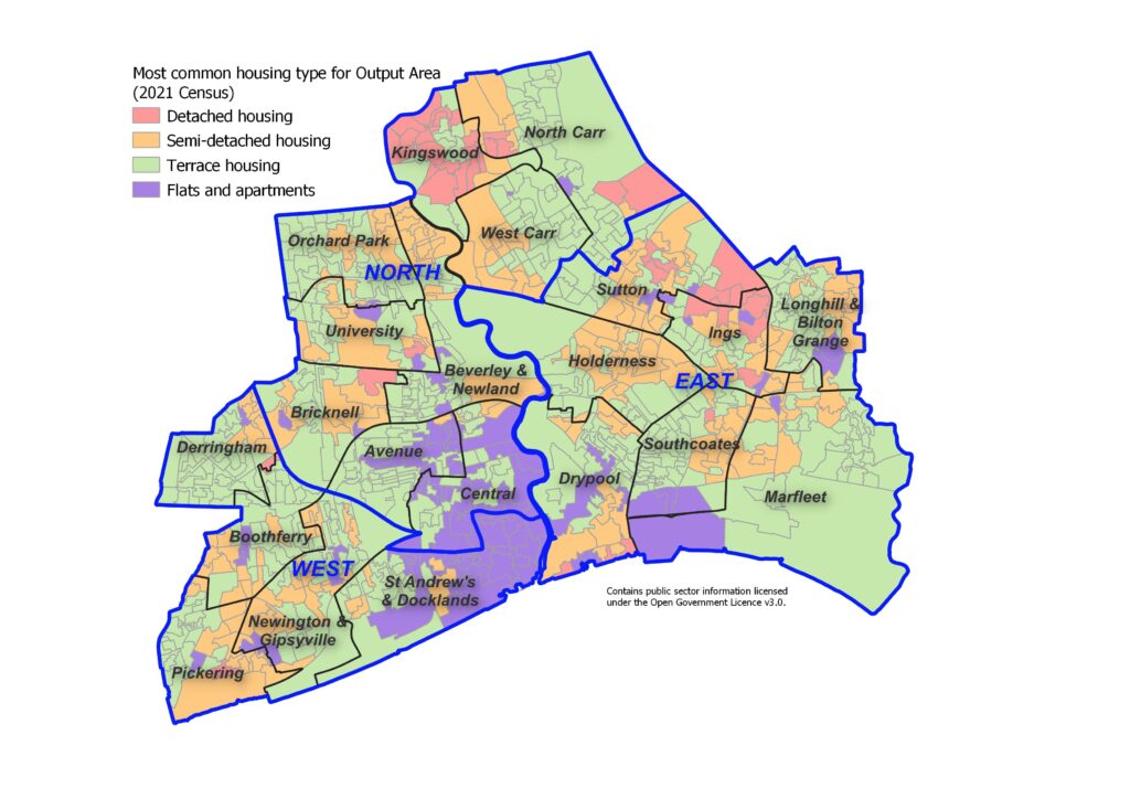 Most common accommodation type (detached, semi-detached or terraced houses or flats) across Hull's 881 output areas, 2021 Census