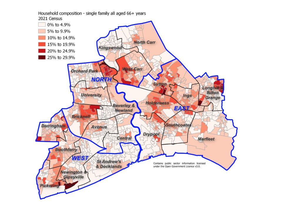 Percentage of single family households where both of the couple are aged 66+ years across Hull's 881 Output Areas, 2021 Census