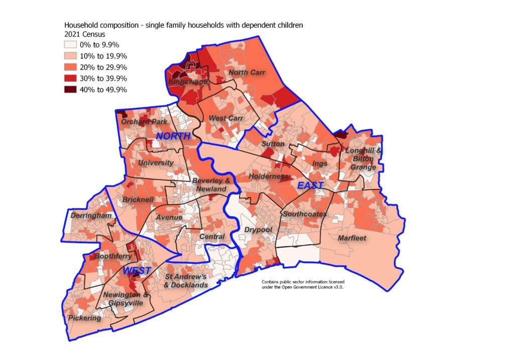 Percentage of single family households with dependent children across Hull's 881 Output Areas, 2021 Census