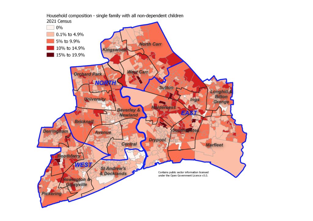 Percentage of single family households with all non-dependent children across Hull's 881 Output Areas, 2021 Census