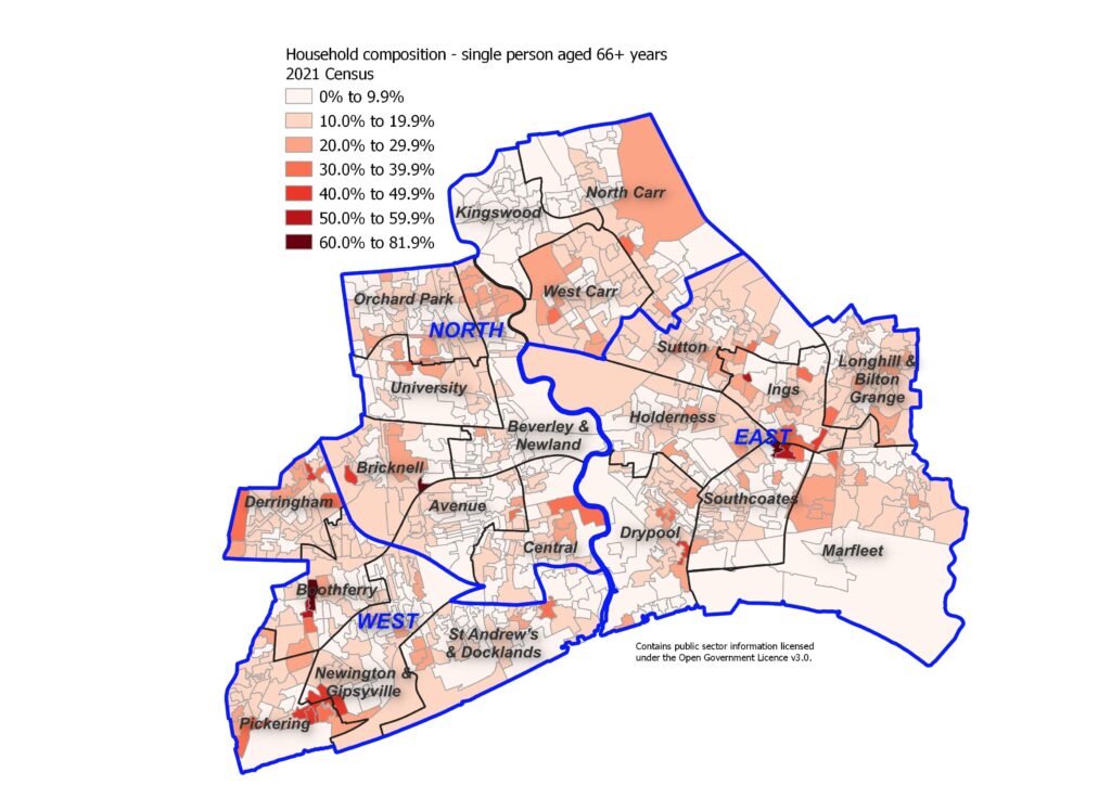 Percentage of single person households where the person is aged 66+ years across Hull's 881 Output Areas, 2021 Census