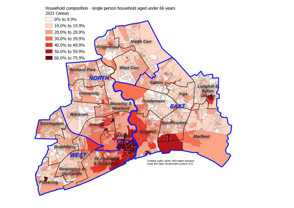 Percentage of single person households where the person is aged under 66 years across Hull's 881 Output Areas, 2021 Census