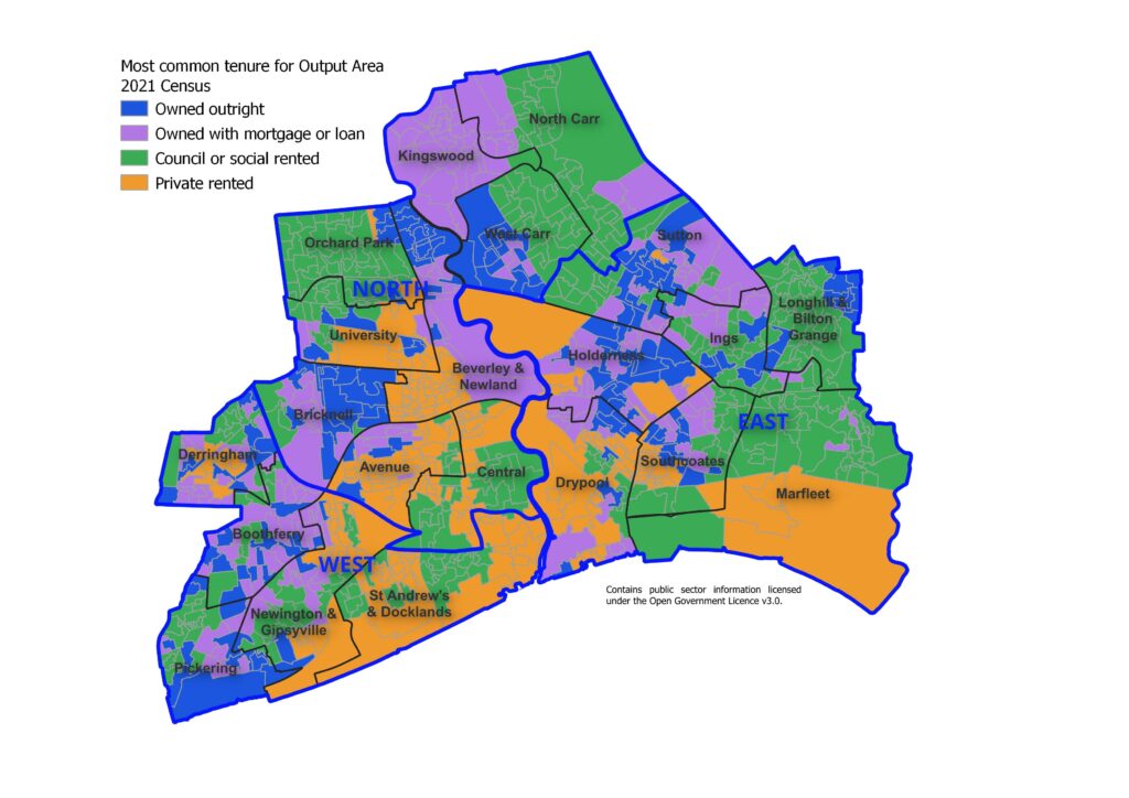 Most common tenure (owned outright, owned with mortgage or loan or shared ownership, council or social rented, or privately rented) across Hull's 881 output areas, 2021 Census