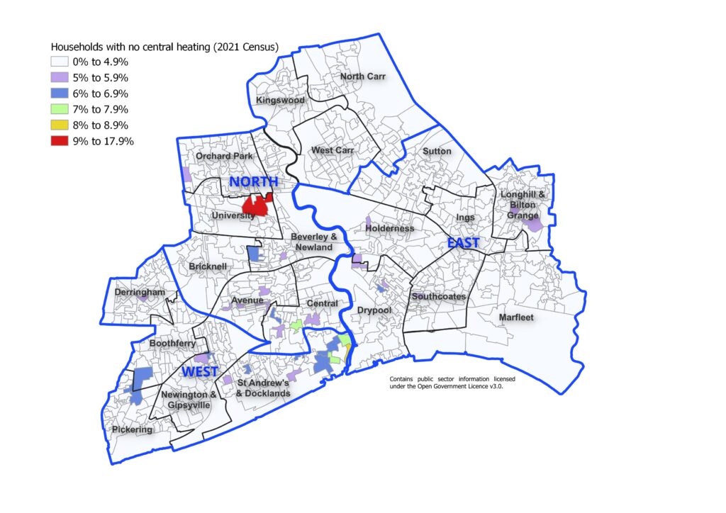 Percentage of households in Hull with no central heating across Hull's 881 Output Areas, 2021 Census