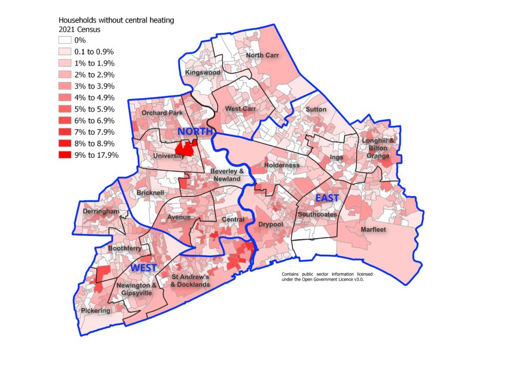 Percentage of households in Hull with no central heating across Hull's 881 Output Areas, 2021 Census