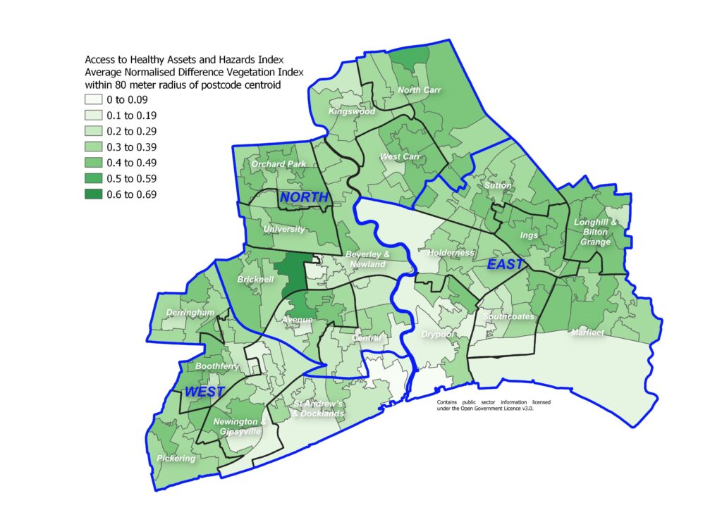 Access to Healthy Assets and Hazards Index: average Normalised Difference Vegetation Index (level of 'greenness') within an 80 metre radius around the postcode centroid (combined into average for each lower layer super output area)